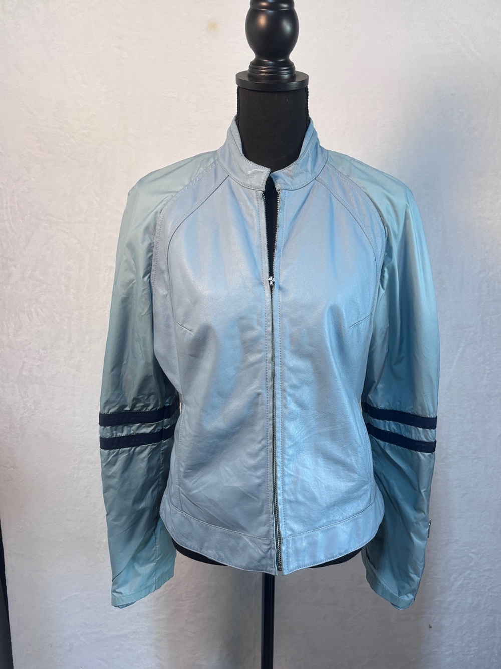 VINTAGE Wilsons Leather Maxima Jacket Womens Blue Moto Striped Racing 90s Large